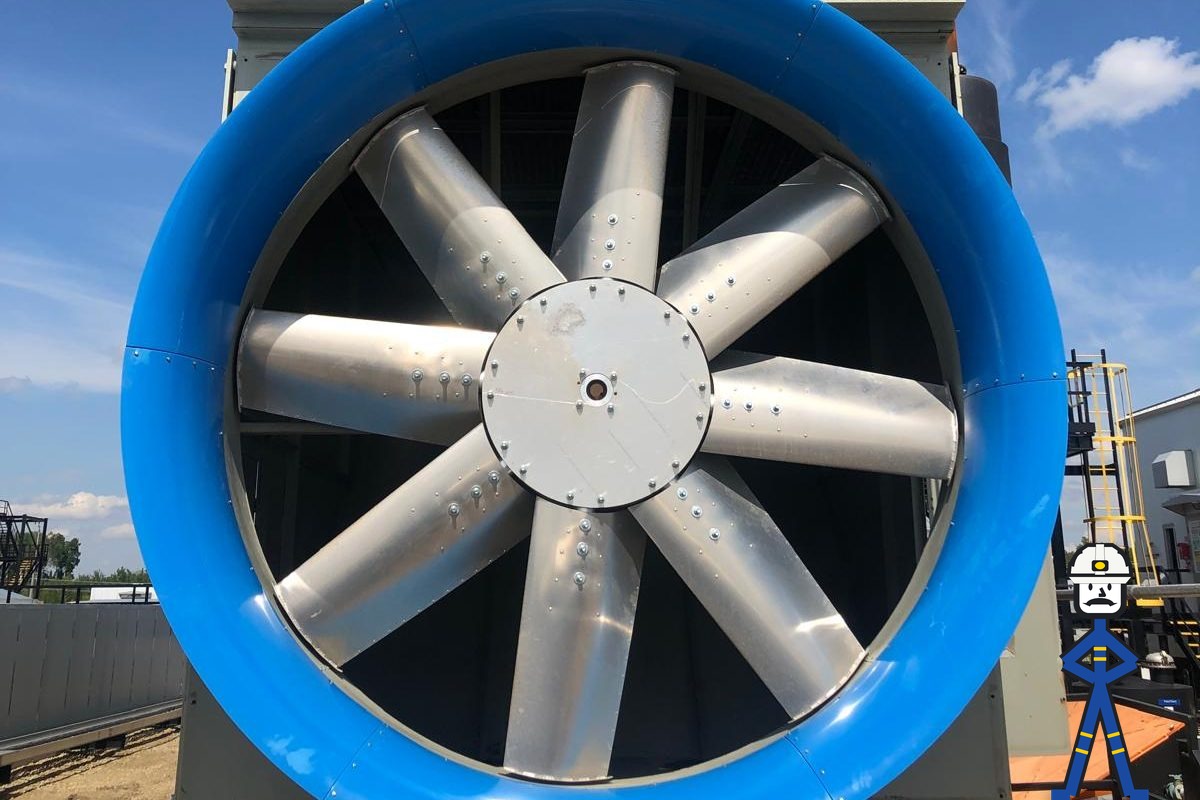 An E-Bell™ inlet bell, painted blue, on an eight blade axial fan, seen head on